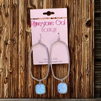 Silver Rhinestone Hexagon Drop Earrings with Turquoise Stone