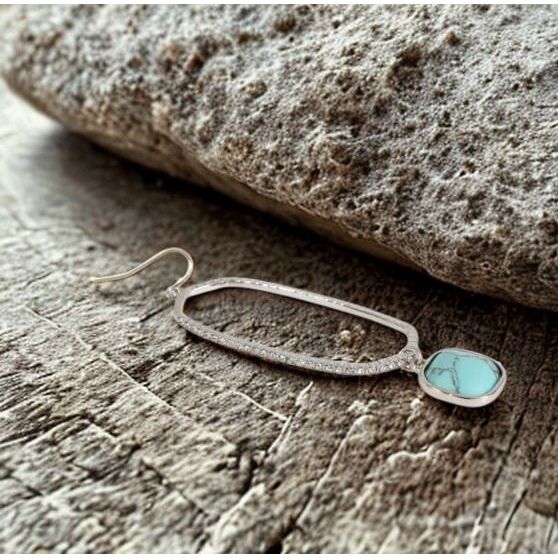 Silver Rhinestone Hexagon Drop Earrings with Turquoise Stone