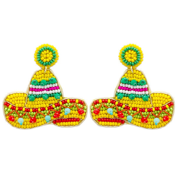 Yellow Sombrero Seed Bead Earrings - Rhinestone Gal