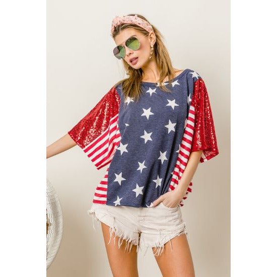 American Flag Stars with Stripes Sequin Sleeve Top