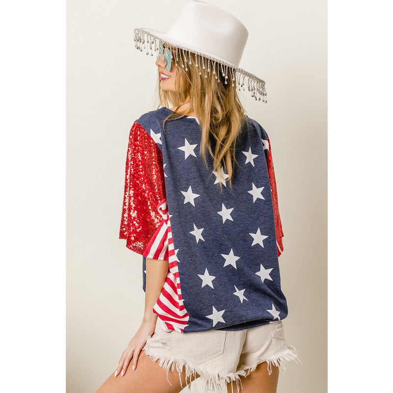 American Flag Stars with Stripes Sequin Sleeve Top