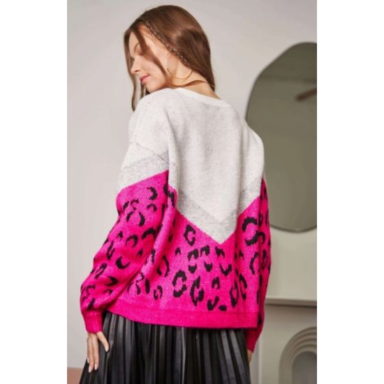 Color Block Hot Pink Leopard Sweater