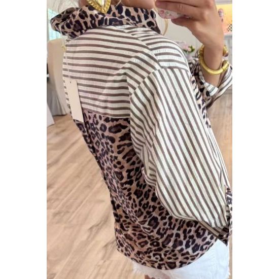 Striped & Leopard Patchwork Button-Up Blouse