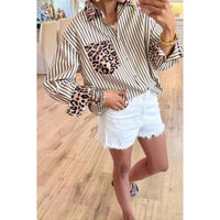 Striped & Leopard Patchwork Button-Up Blouse