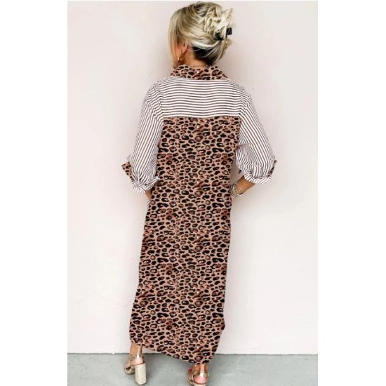 Brown Stripe Leopard Patchwork Maxi Shirt Dress