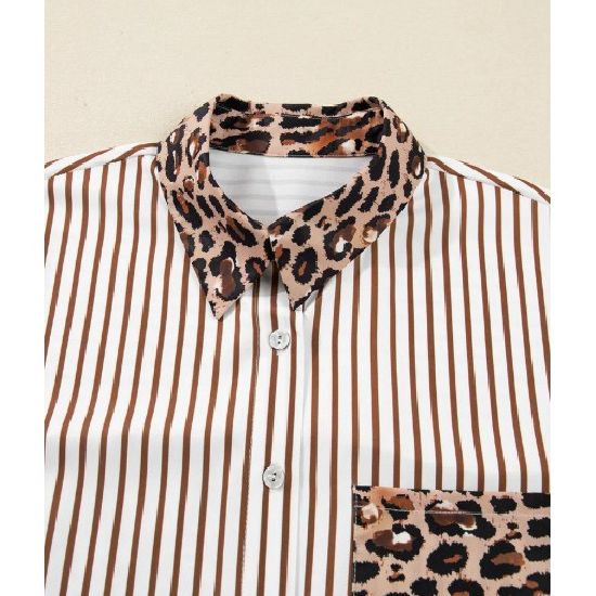 Brown Stripe Leopard Patchwork Maxi Shirt Dress