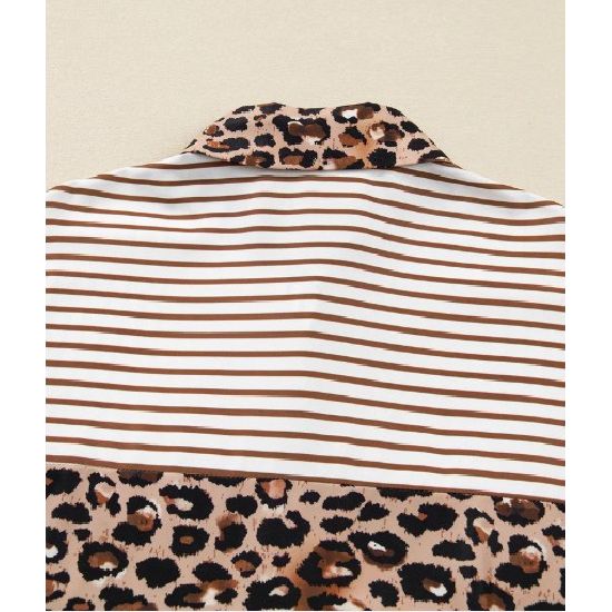 Brown Stripe Leopard Patchwork Maxi Shirt Dress