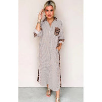 Brown Stripe Leopard Patchwork Maxi Shirt Dress