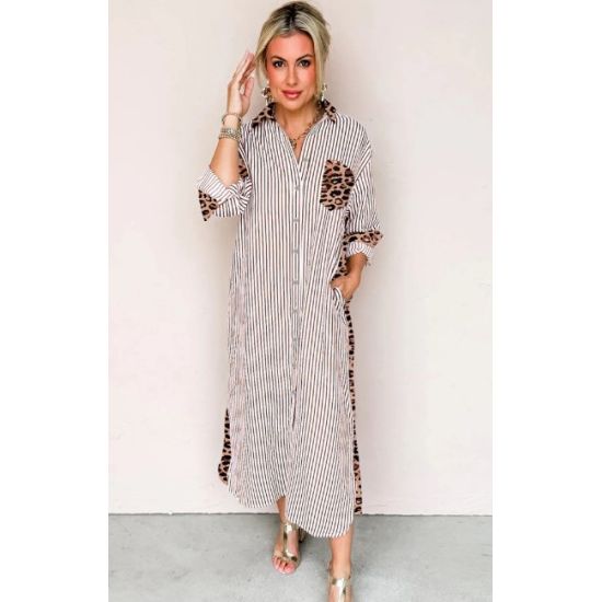 Brown Stripe Leopard Patchwork Maxi Shirt Dress