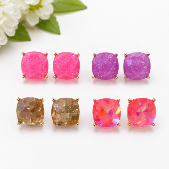 Square Faceted Gem Stud Earrings