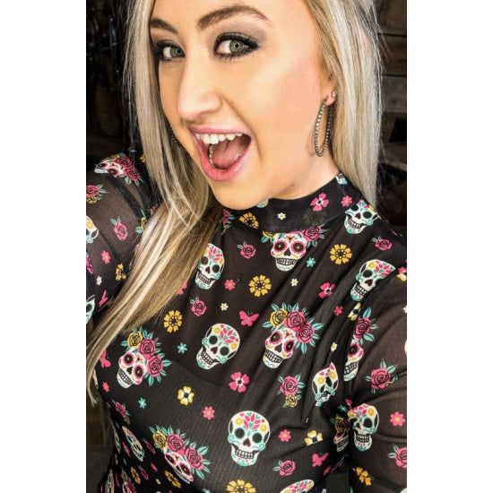 Life Is Brief Sugar Skull Mesh Top