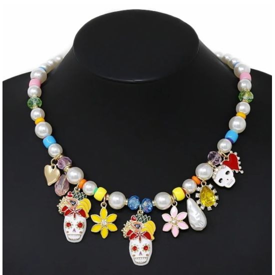 Colorful Sugar Skull & Floral Charm Necklace