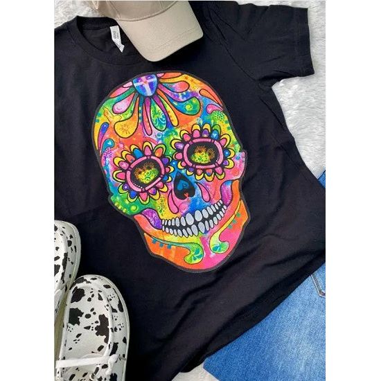 Black Tee with Large Colorful Sugar Skull