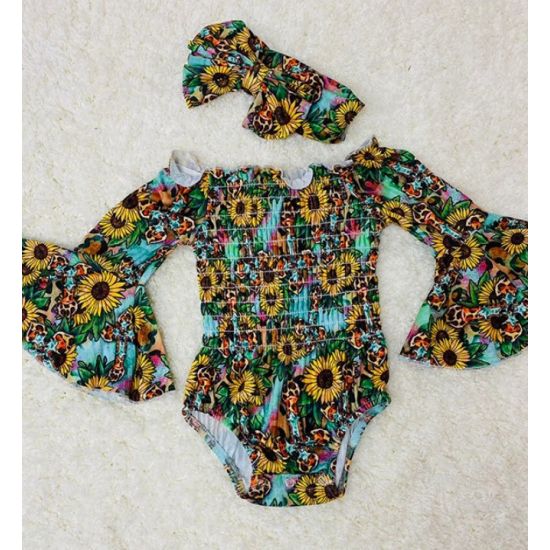 Sunflower & Leopard Cross Baby Onesie with Headband
