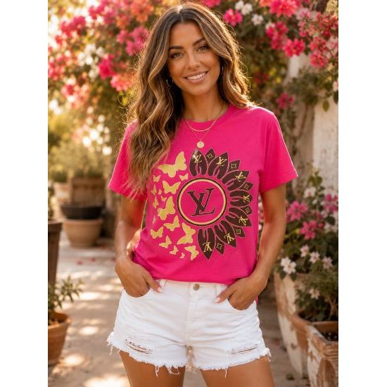 Luxe Sunflower & Butterfly Tee – Hot Pink