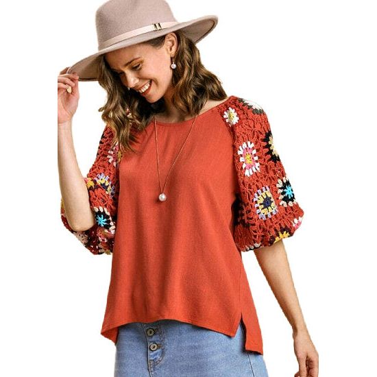 Sunset Linen Top with Crochet Sleeves