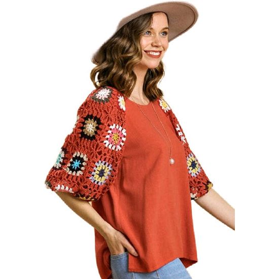 Sunset Linen Top with Crochet Sleeves
