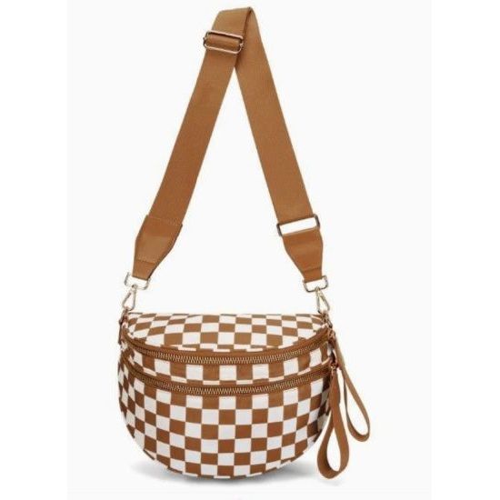 Tan Checkered Nylon Sling Crossbody Bag