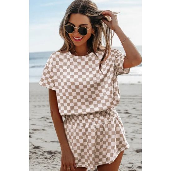 Tan Checkerboard Top & High Waist Skort Set