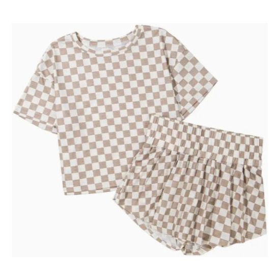 Tan Checkerboard Top & High Waist Skort Set