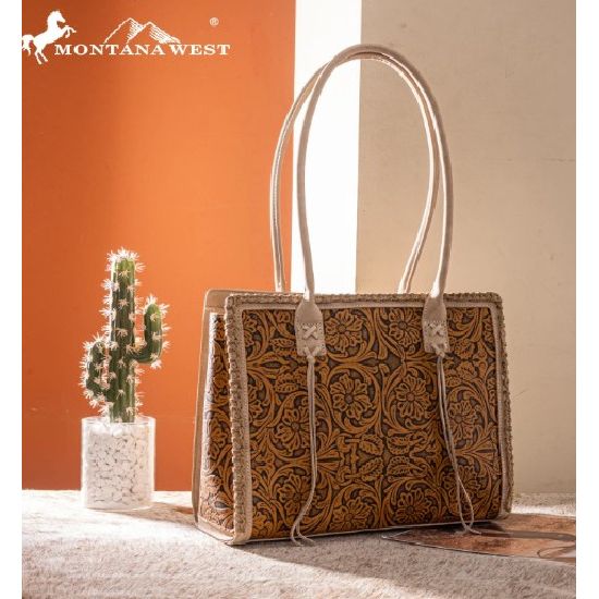 Montana West Tan Floral Tooled Concealed Carry Tote Bag