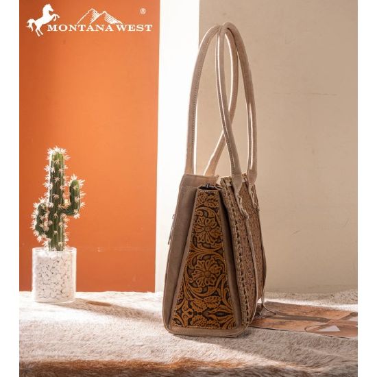 Montana West Tan Floral Tooled Concealed Carry Tote Bag