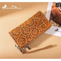 Montana West Genuine Leather Tooled Cross Wallet – Tan RFID Wristlet with Detachable Zipper Pocket