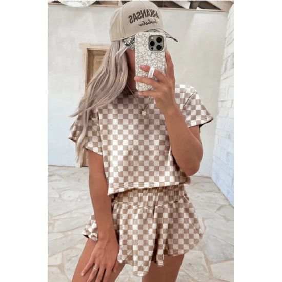 Tan Checkerboard Skort Set