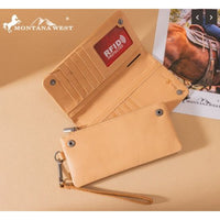 Montana West Genuine Leather Tooled Cross Wallet – Tan RFID Wristlet with Detachable Zipper Pocket