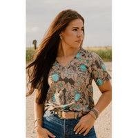 Tattoos On This Town Turquoise Print V-Neck Tee