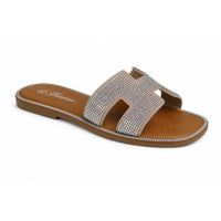 Taupe Rhinestone H-Strap Slide Sandals