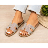 Taupe Rhinestone H-Strap Slide Sandals