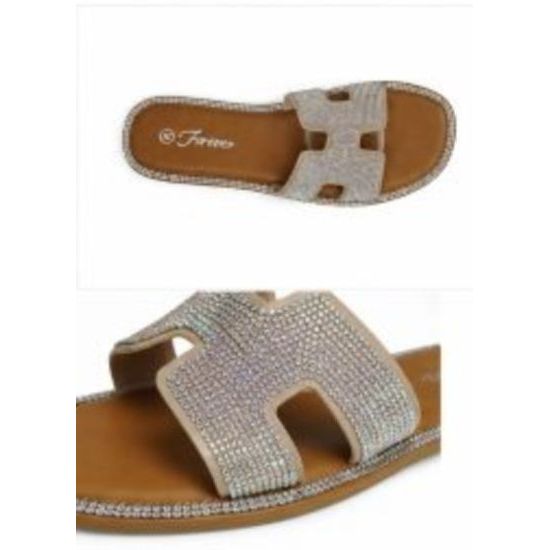Taupe Rhinestone H-Strap Slide Sandals