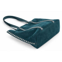 Teal Faux Suede Studded Tote Bag with Pouch