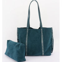 Teal Faux Suede Studded Tote Bag with Pouch