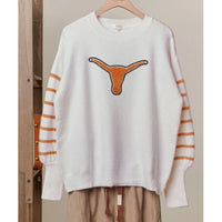White Texas-Inspired Sweater – Orange Patchwork Lettering & Longhorn Graphic