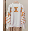 White Texas-Inspired Sweater – Orange Patchwork Lettering & Longhorn Graphic