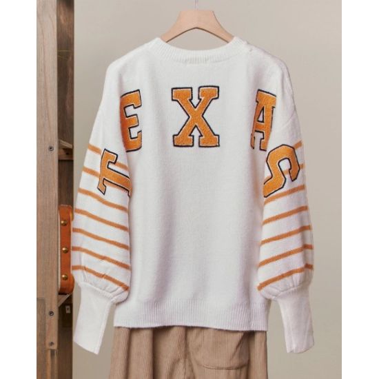White Texas-Inspired Sweater – Orange Patchwork Lettering & Longhorn Graphic