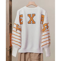 White Texas-Inspired Sweater – Orange Patchwork Lettering & Longhorn Graphic