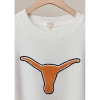 White Texas-Inspired Sweater – Orange Patchwork Lettering & Longhorn Graphic