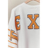 White Texas-Inspired Sweater – Orange Patchwork Lettering & Longhorn Graphic