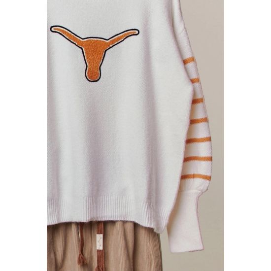 White Texas-Inspired Sweater – Orange Patchwork Lettering & Longhorn Graphic