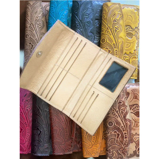 Tri Fold Tooled Leather Wallet - Rhinestone Gal