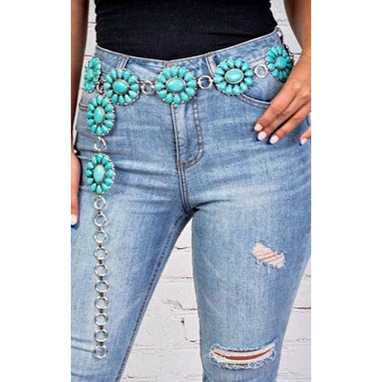 Oval Turquoise Concho Chain Belt - Rhinestone Gal