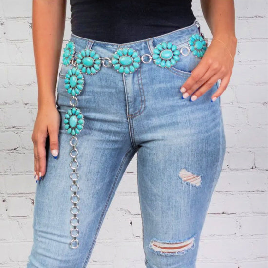 Oval Turquoise Concho Chain Belt - Rhinestone Gal