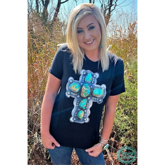 Black Tee with Large Turquoise Cross