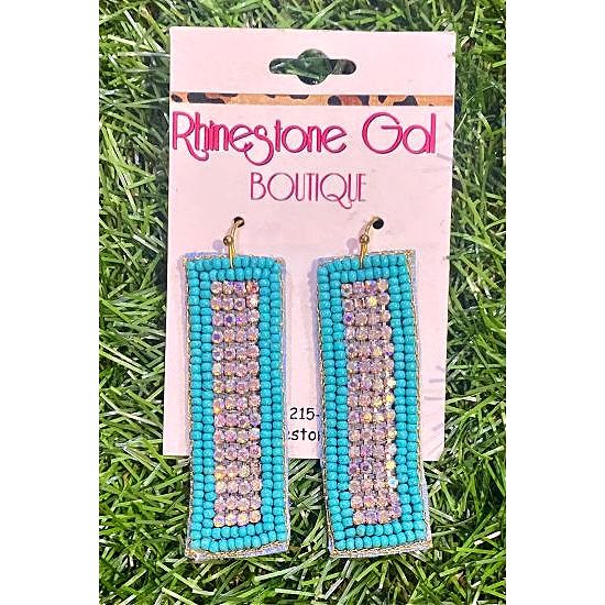 Turquoise Rectangle Seed Bead & Rhinestone Earrings