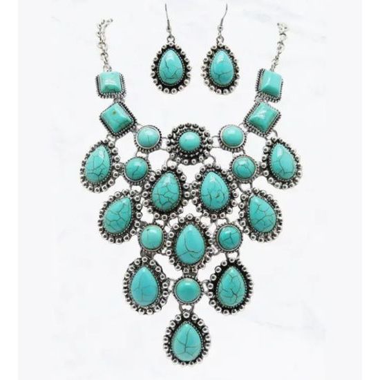 Turquoise Stone Statement Necklace & Earring Set