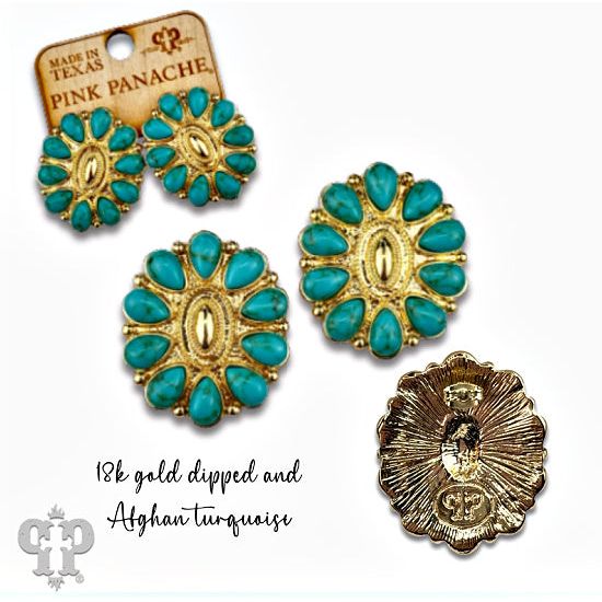 Pink Panache Turquoise Concho Post Earrings – 18K Gold Dipped