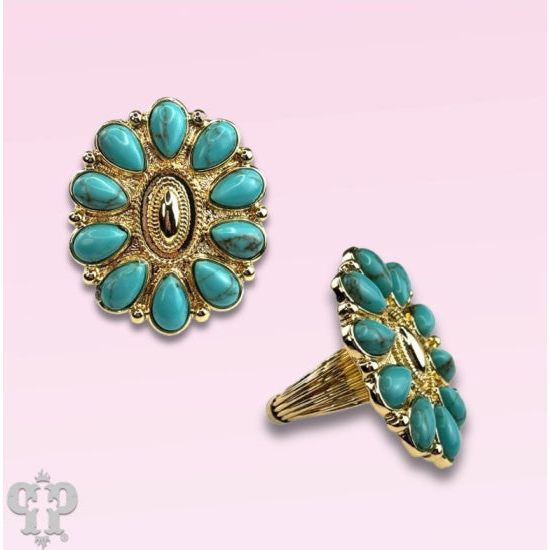 Pink Panache Turquoise Concho Adjustable Ring – 18K Gold Dipped
